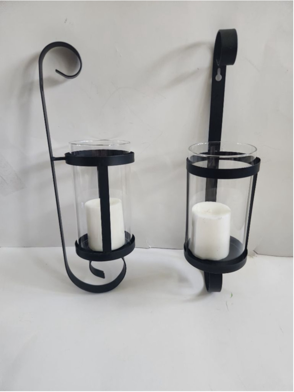 Open Box Black Wall-Mounted Candle Sconces w Clear Glass Hurricane Shades 15"H